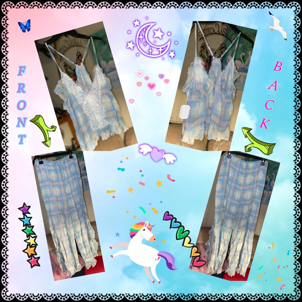 Free People Pastel Blue Plaid Lace Trim Pajama Set